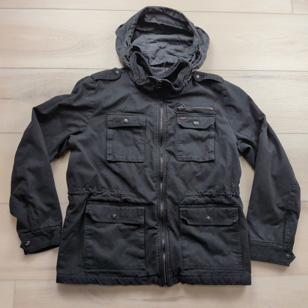 Levis Mens Black Military Field Jacket Stowaway Hood Washed Cotton Size Large